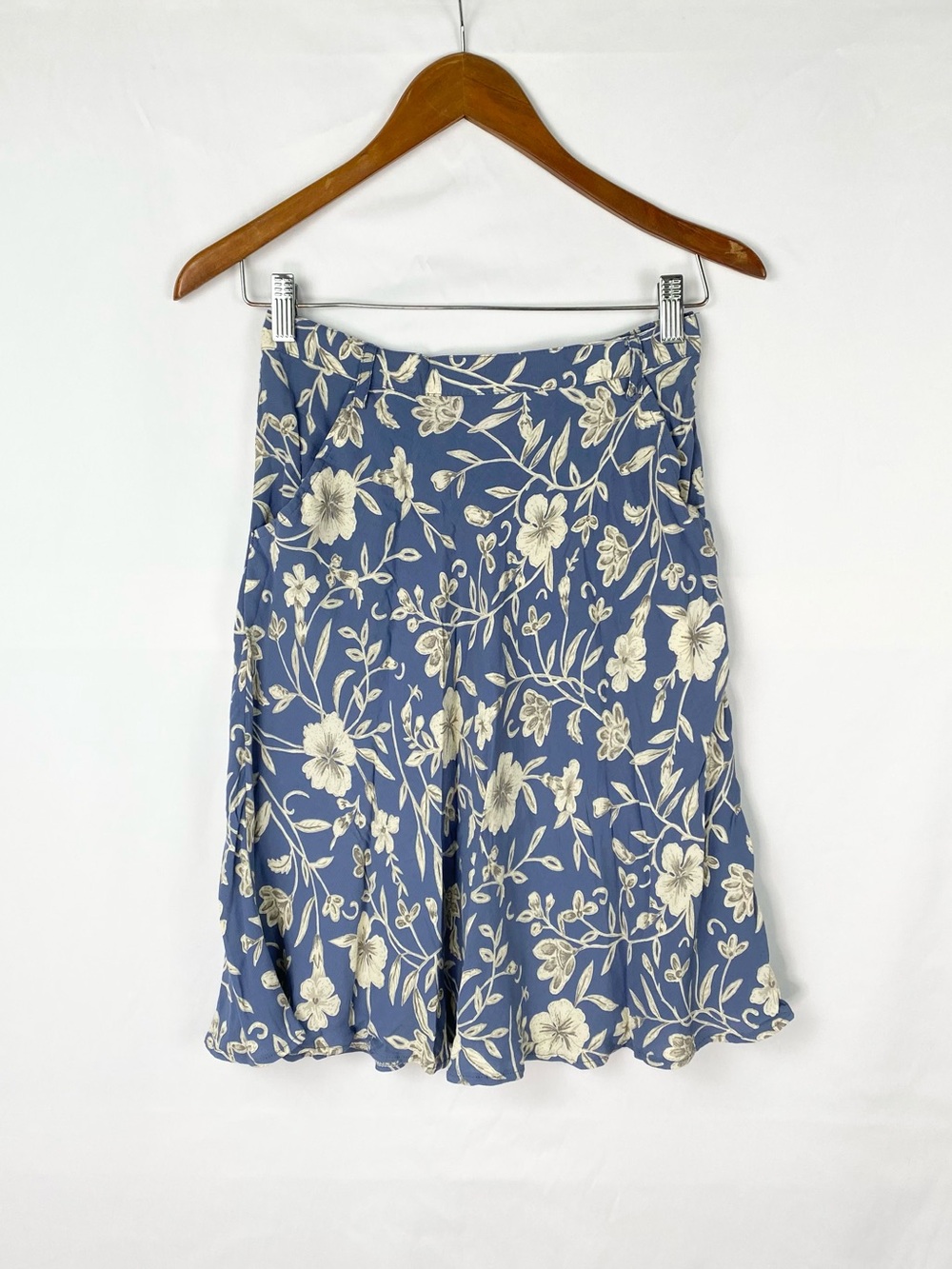 Vintage Eddie Bauer Floral MIDI‎ Skirt Blue Cream Size 6 Pockets Buttons